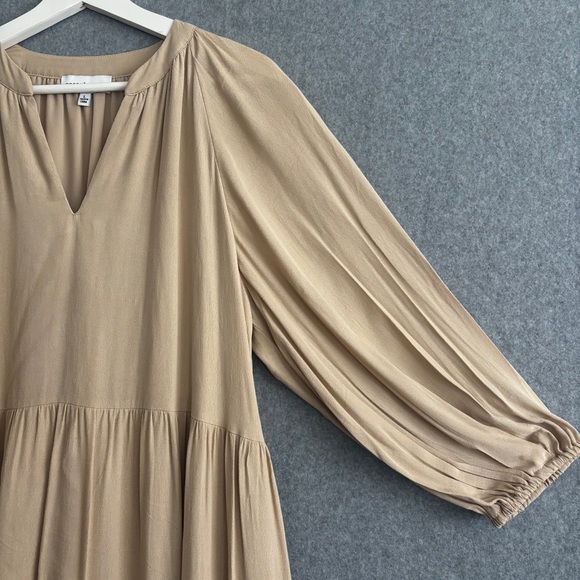 Gibson & Latimer | Peasant Split V-Neck Blouson Sleeve Tiered Hem Dress L Taupe - Picture 4 of 8